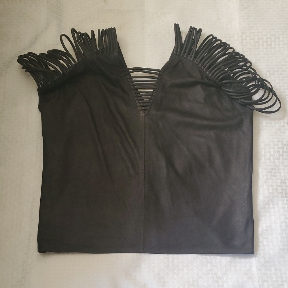Vtg St. Tropez Black Strappy Fringe V-Neck Leather Top - Picture 12 of 15